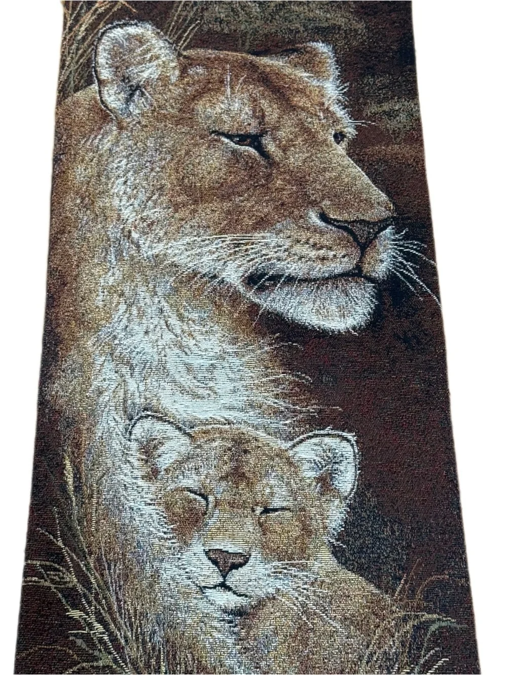 Vintage Lioness & Cub Tapestry Wall Hanging Panel Made in USA Safari Decor